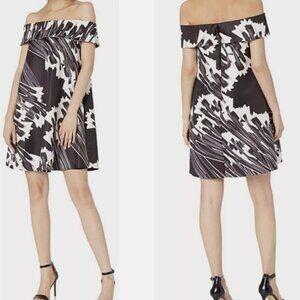 NWT Halston Heritage Crocus Print Off Shoulder Dress in Black Croc Size 4